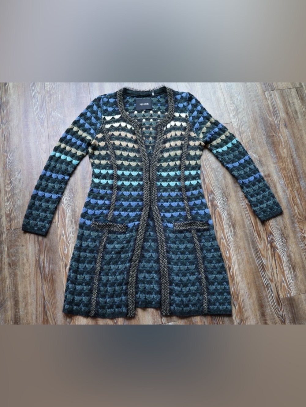 NIC+ZOE Womens Fuzzy Boho Peacock Toned Soft Knit Textured Open Front Cardigan M